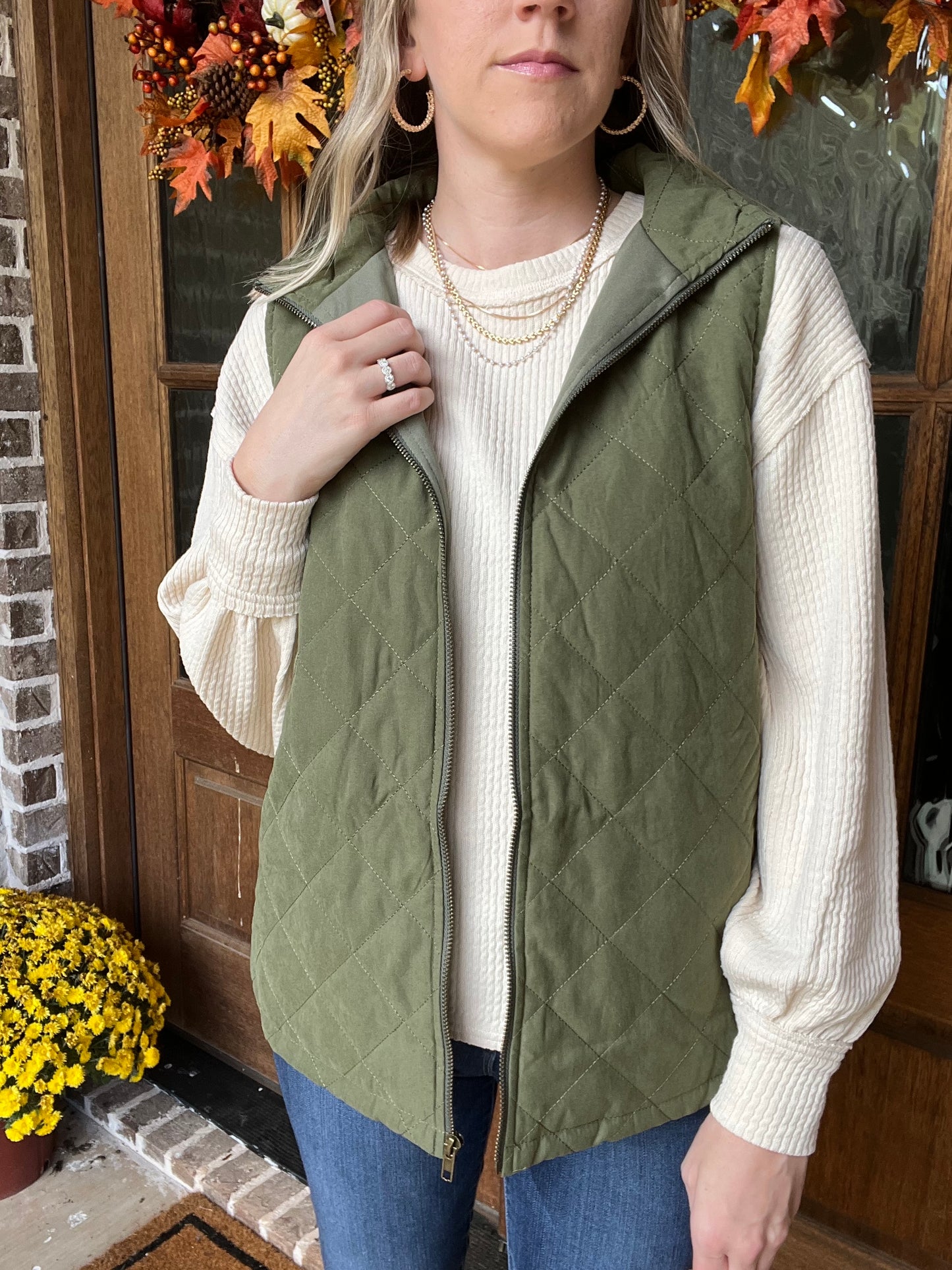 Quilted Zip Front Vest in Olive