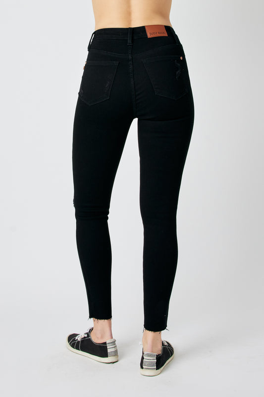Judy Blue Black Destroyed Knee Raw Hem Jeans