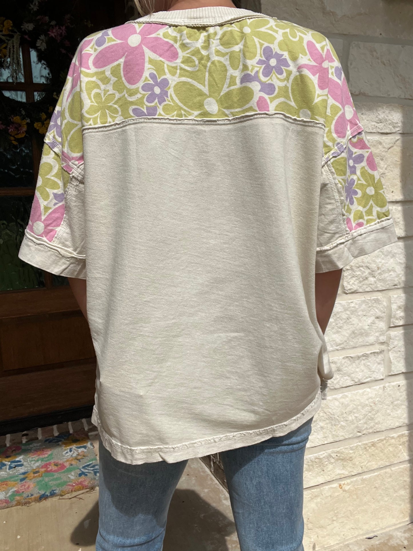 Mineral Wash Henley Neck Top with Floral Print