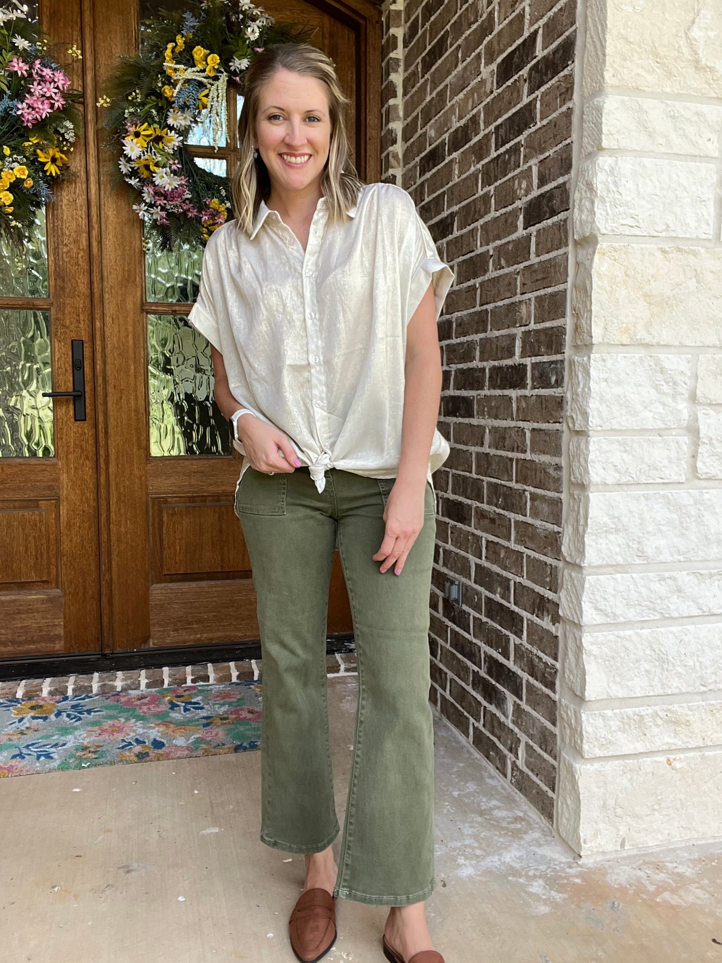 Risen high rise patch pockets ankle flare- Moss