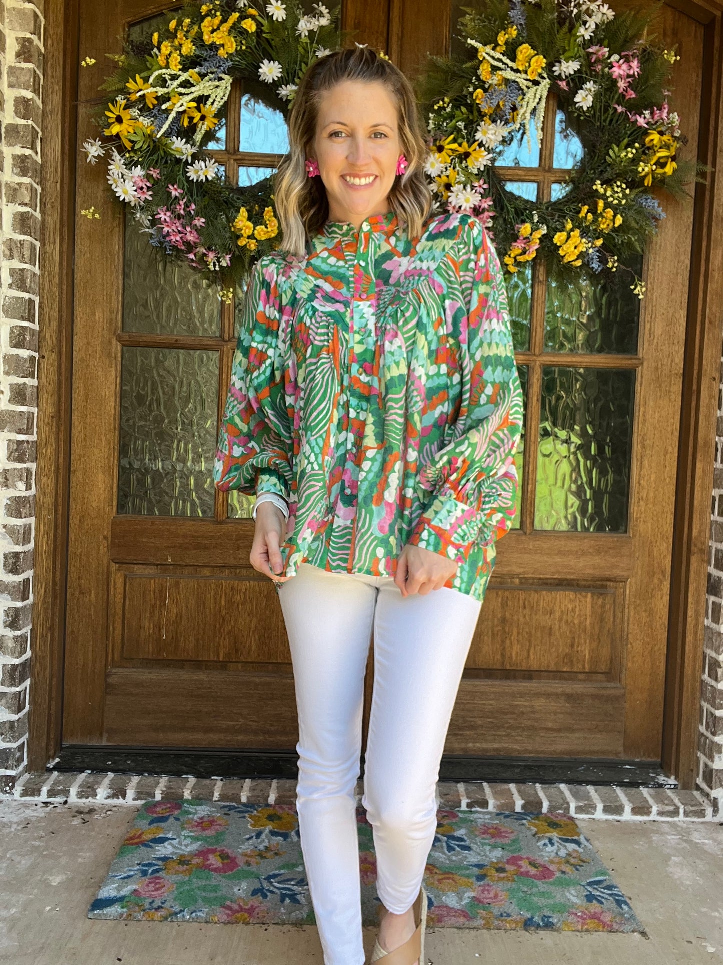 Charlotte print top- pink/green