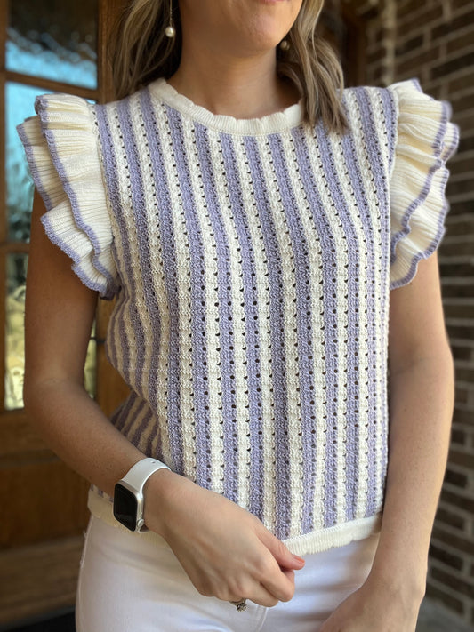 Knitted striped ruffle top- lavender