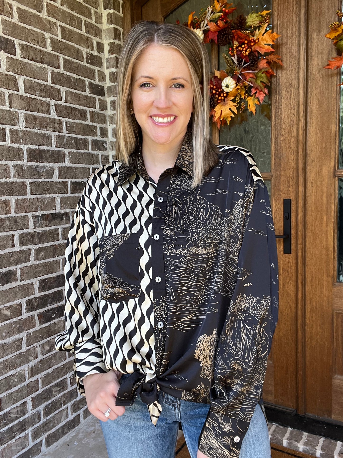 Black mixed print top