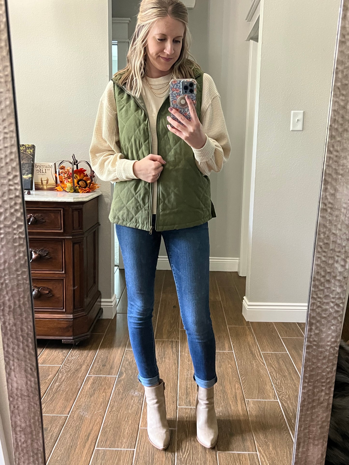 Quilted Zip Front Vest in Olive