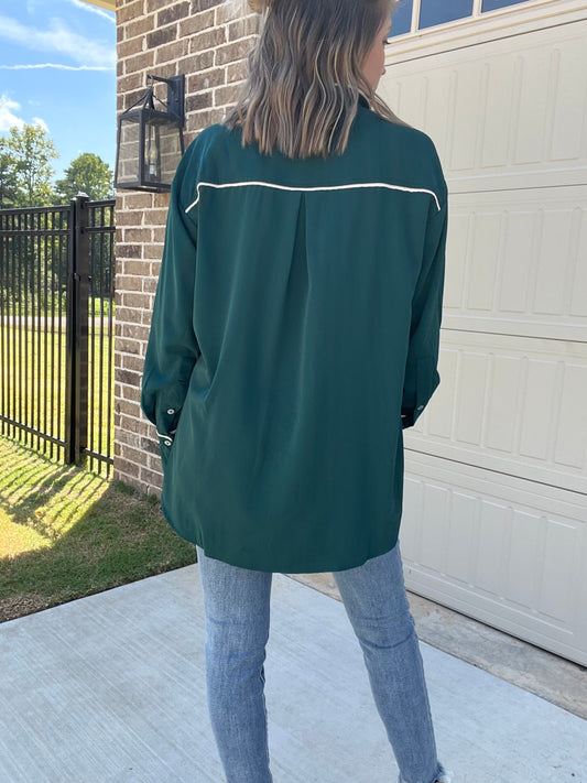 Solid button down with trim detail- hunter green