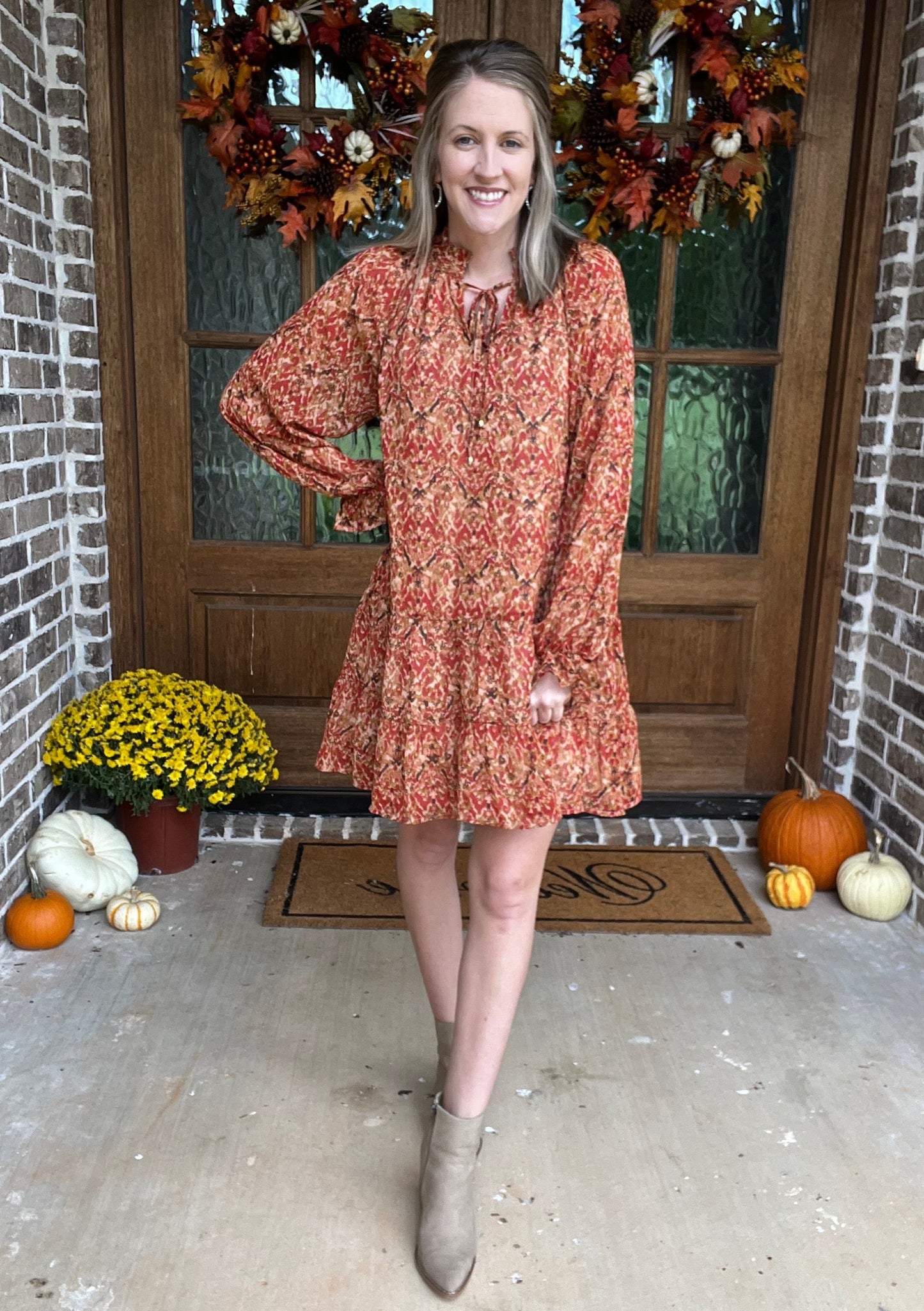 Raina long sleeve dress- Rust