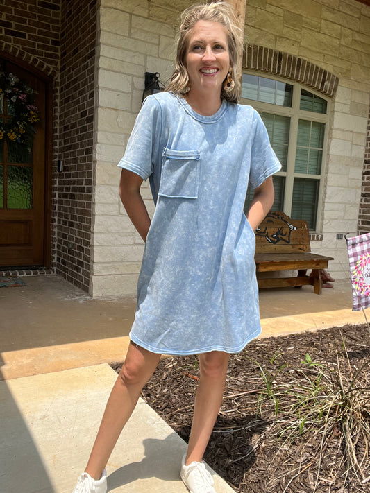 Blue acid wash raw detail dress