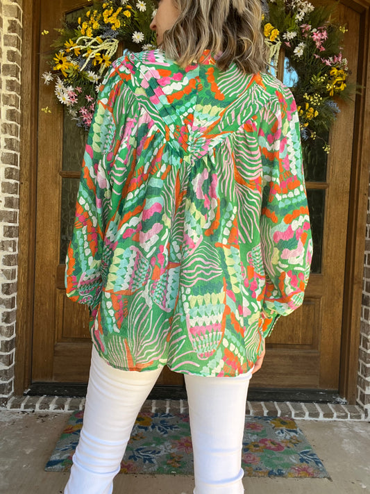 Charlotte print top- pink/green