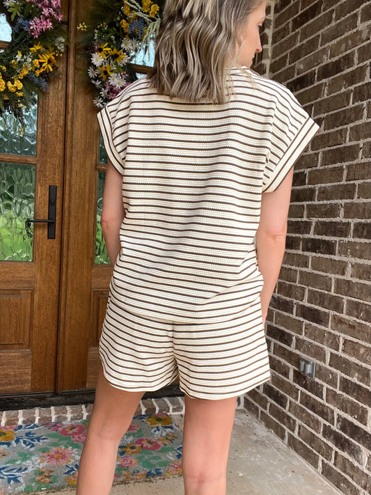 Textured striped high waist shorts- cream mocha