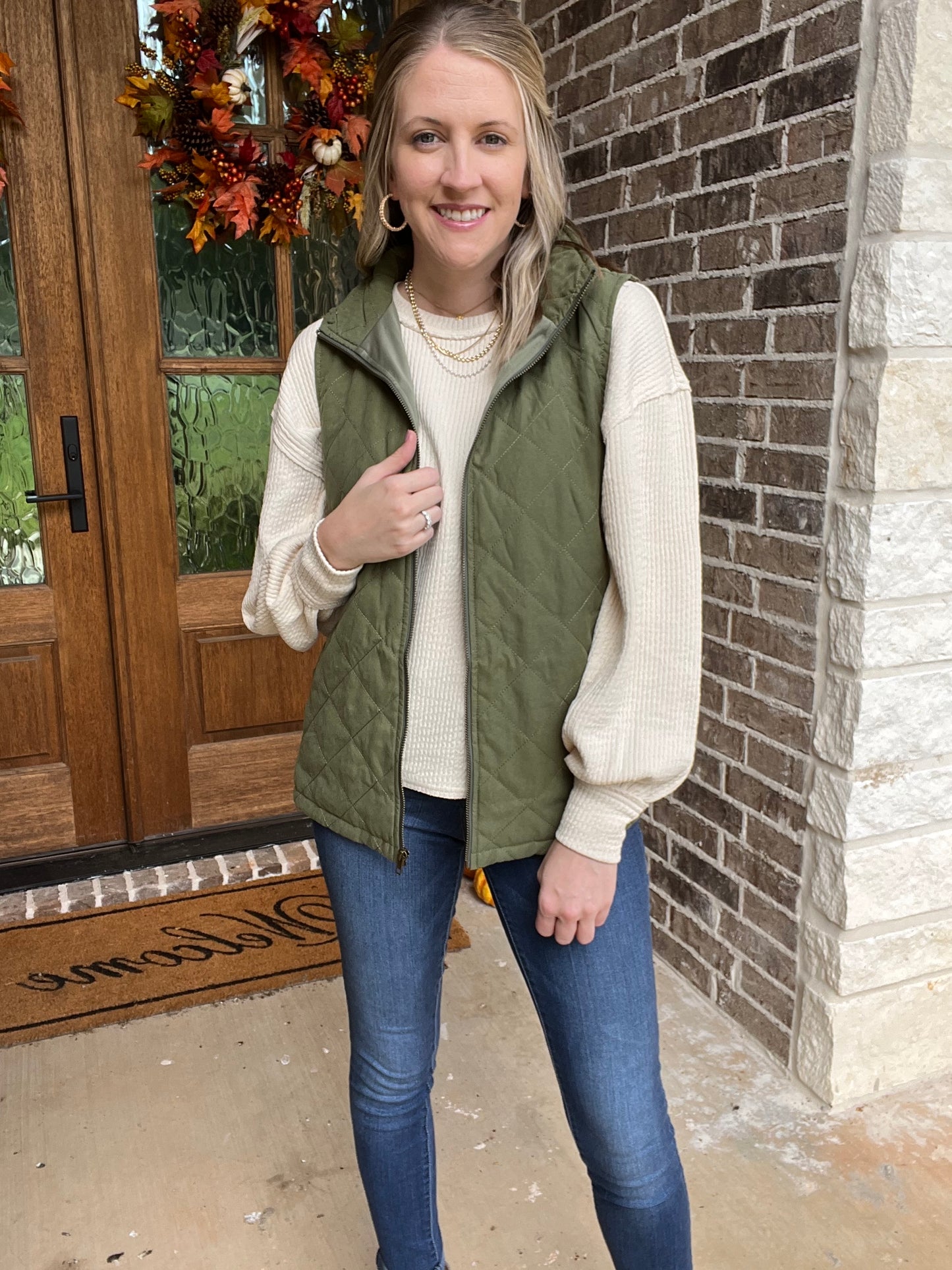 Quilted Zip Front Vest in Olive