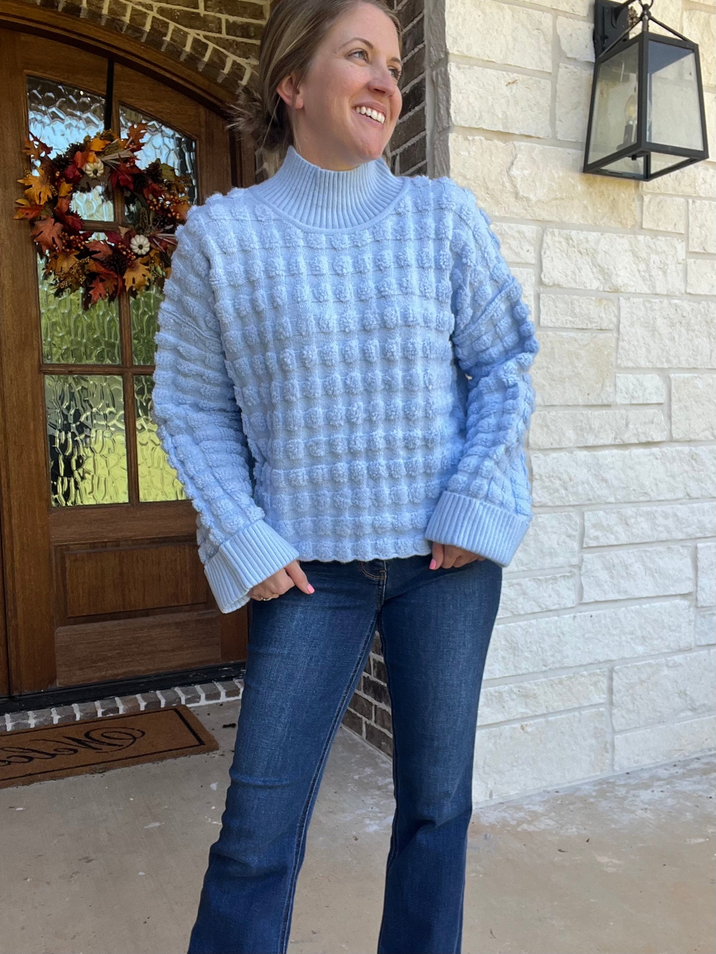 Textured turtleneck crop sweater- blue