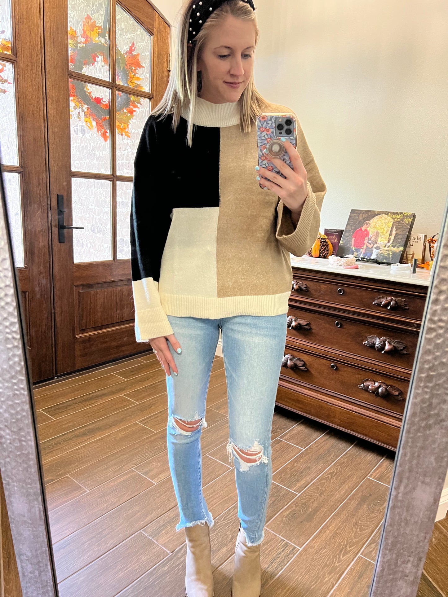 Mock neck colorblock sweater