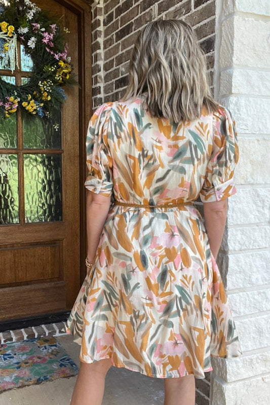 Rust Print Button Down Belted Dress