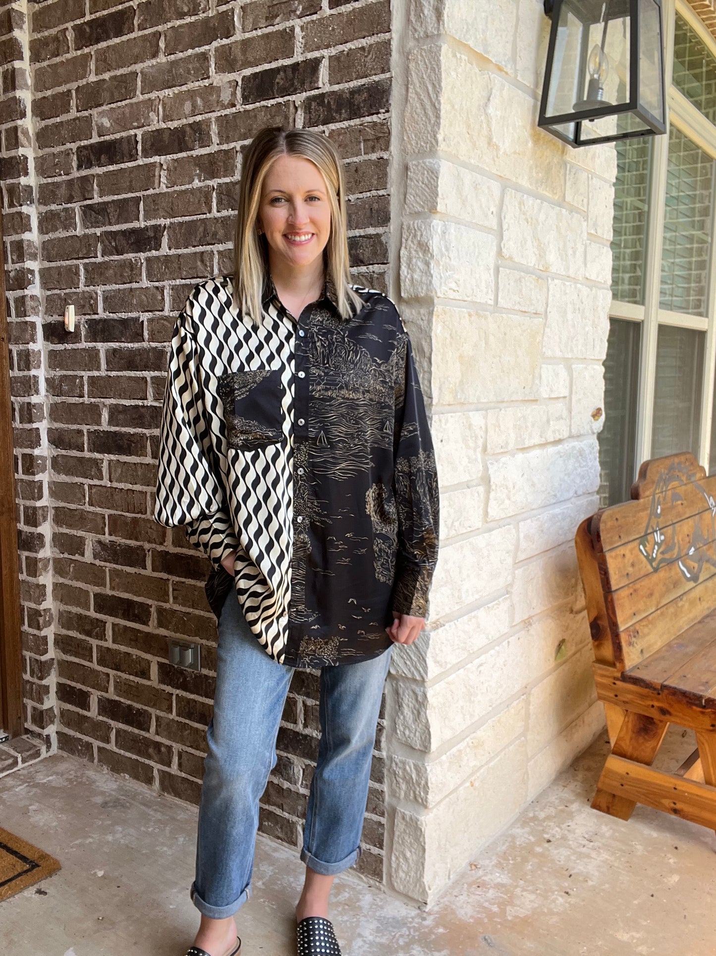 Black mixed print top