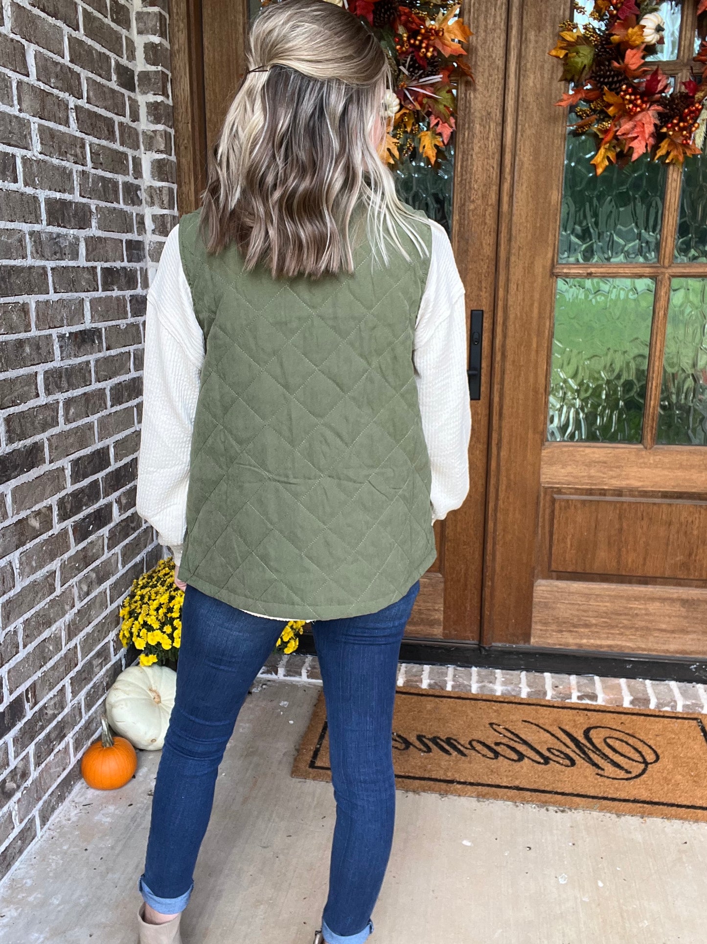 Quilted Zip Front Vest in Olive