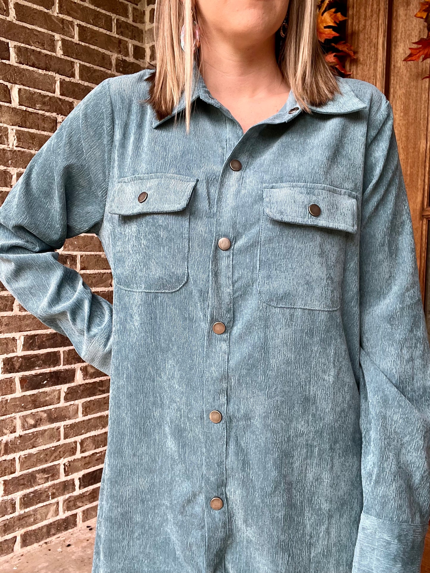 Teal corduroy button down dress