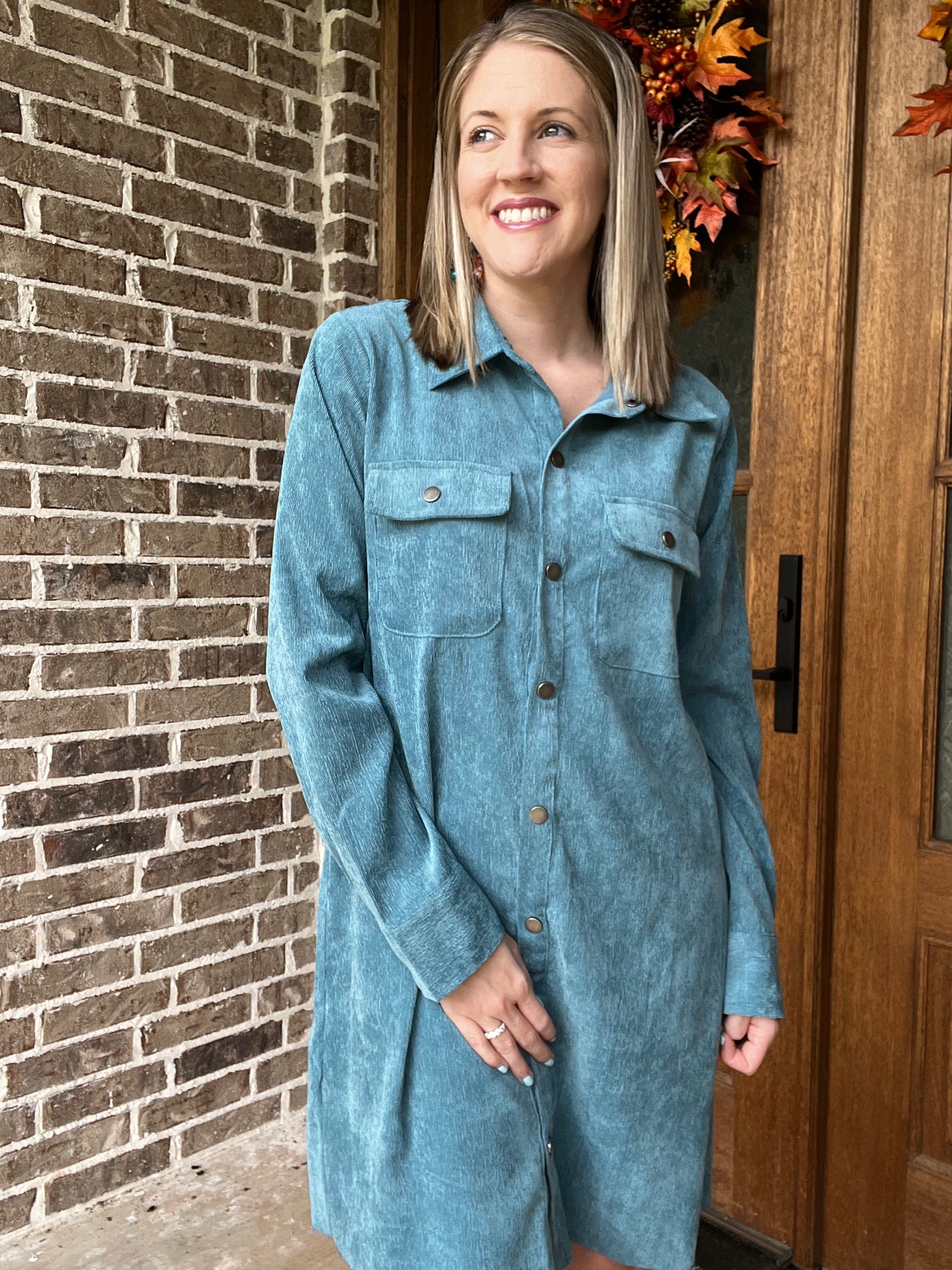 Teal corduroy button down dress