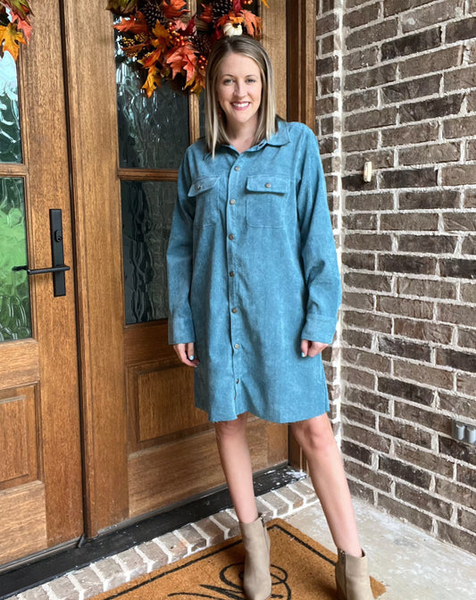 Teal corduroy button down dress
