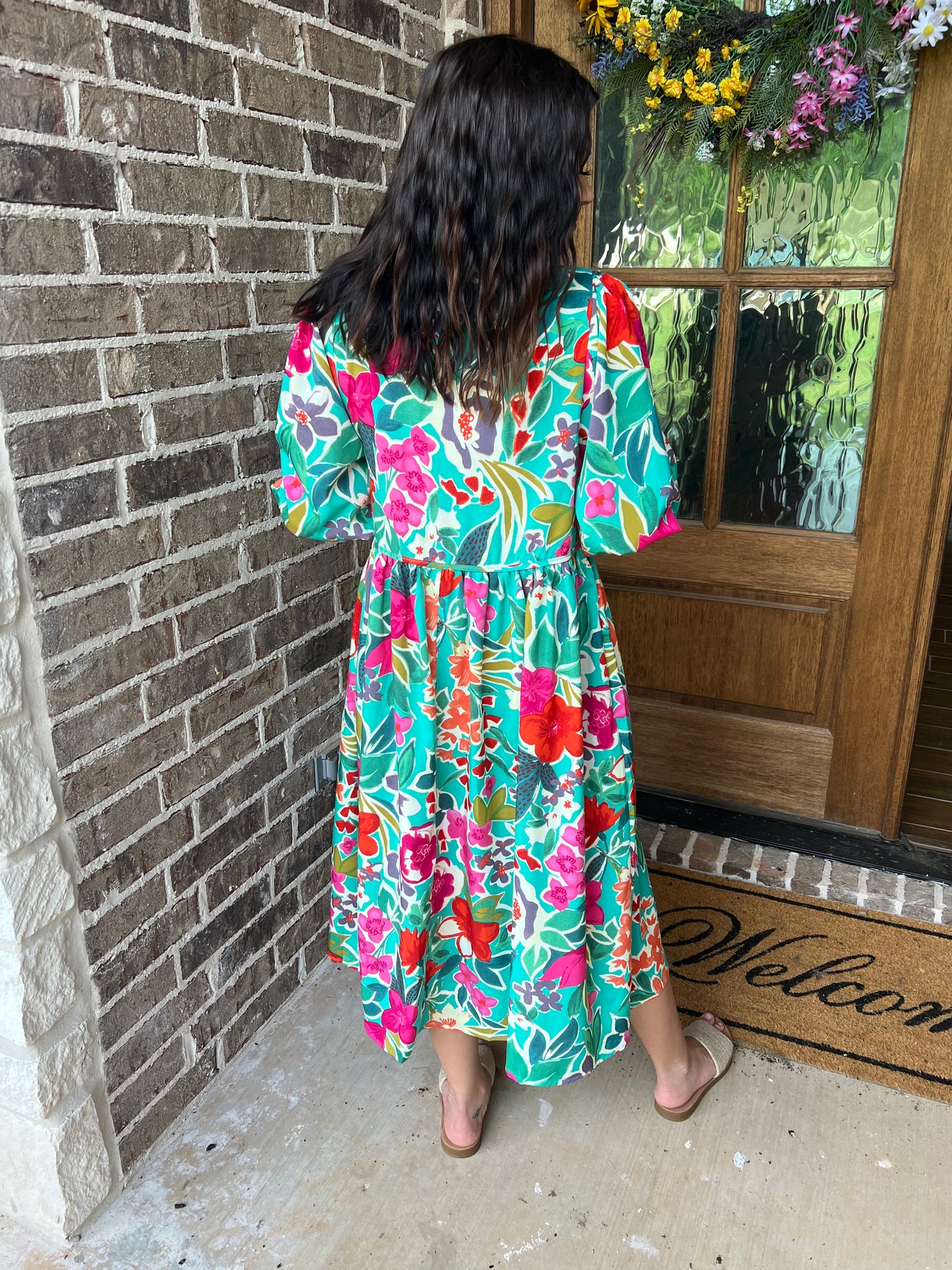 Tropical floral peasant midi dress