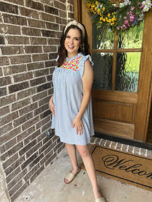 Blue stripe embroidery dress