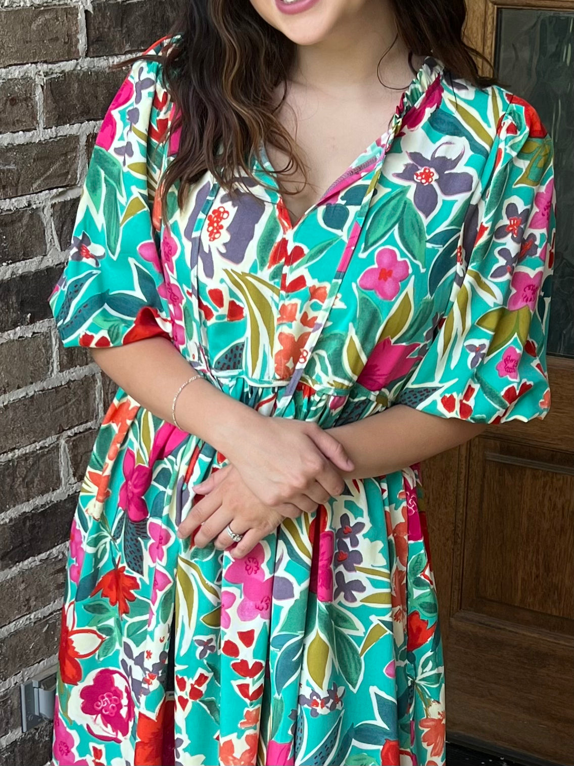Tropical floral peasant midi dress