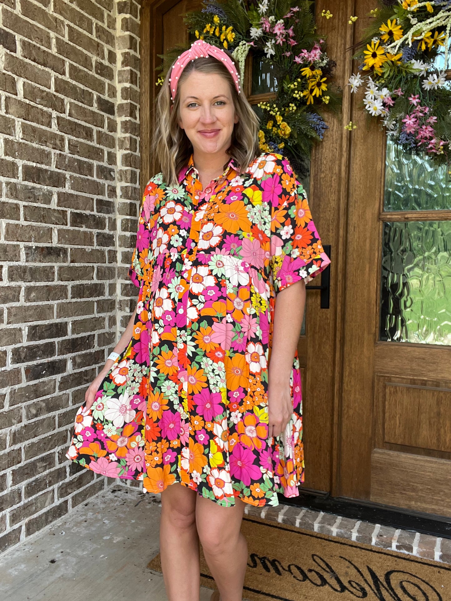LAST ONE- Orange and pink retro flower dress