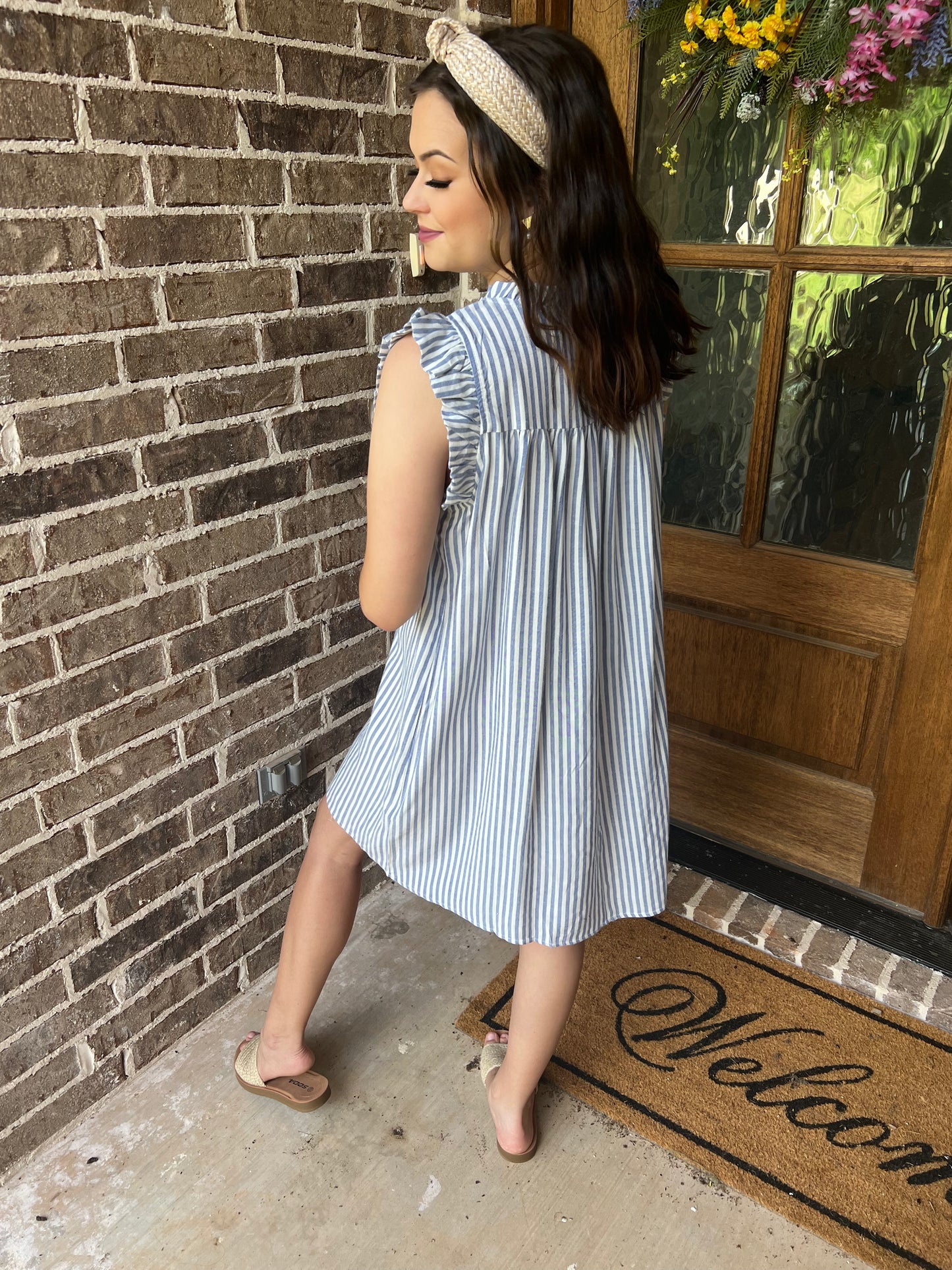 Blue stripe embroidery dress