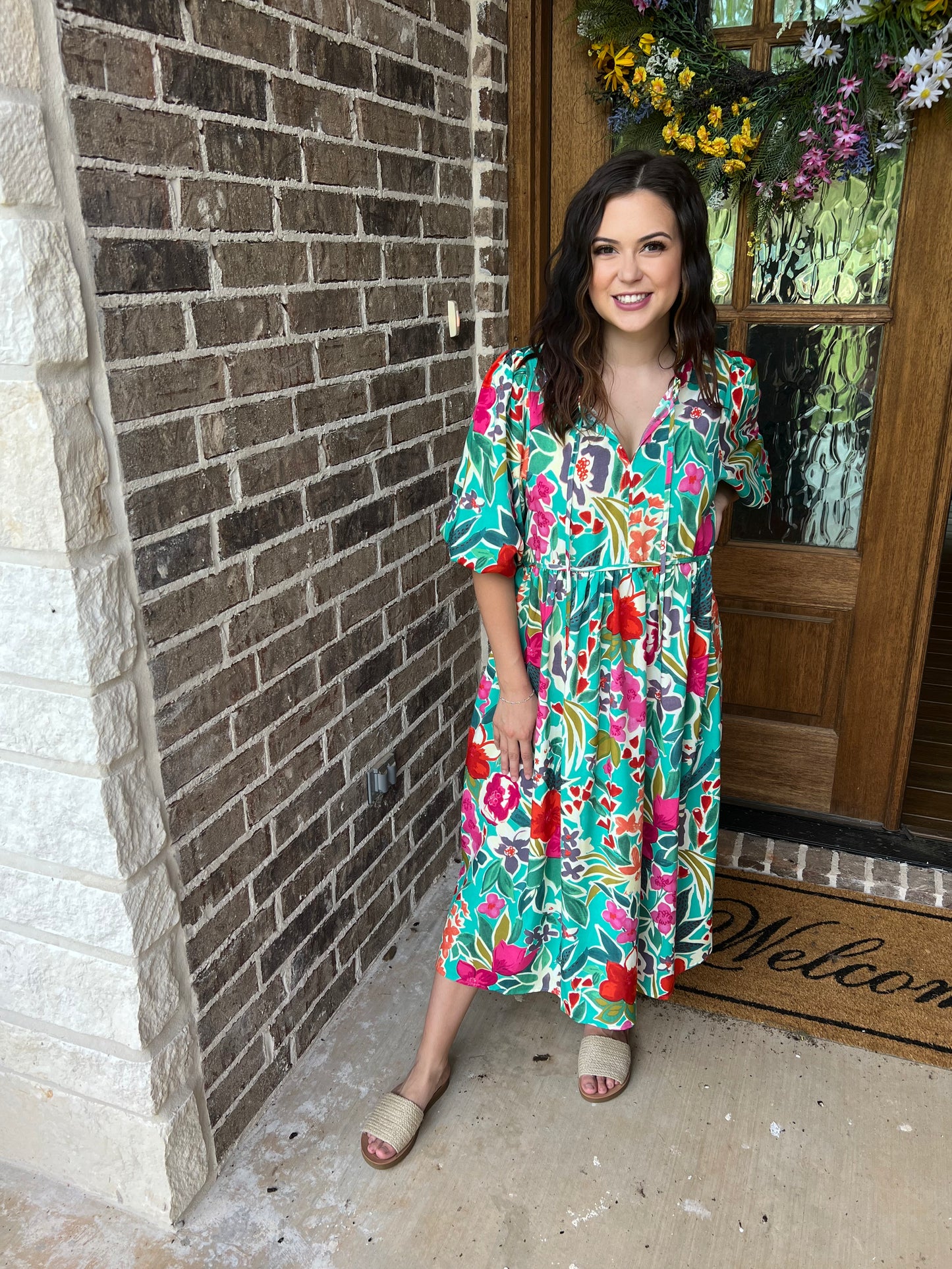 Tropical floral peasant midi dress