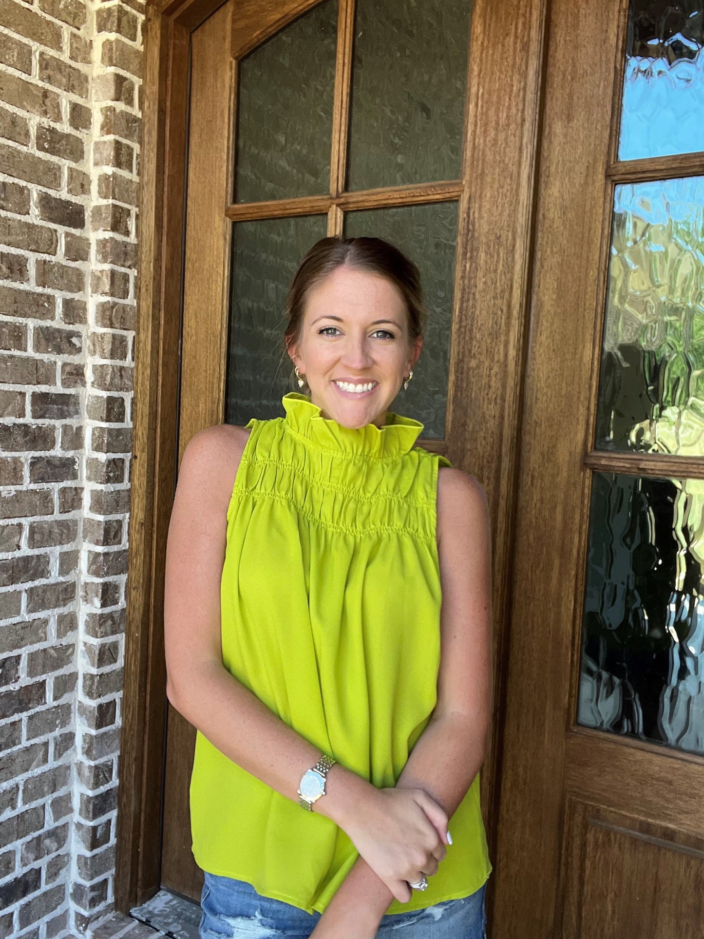 Ruffle neck tank-lime