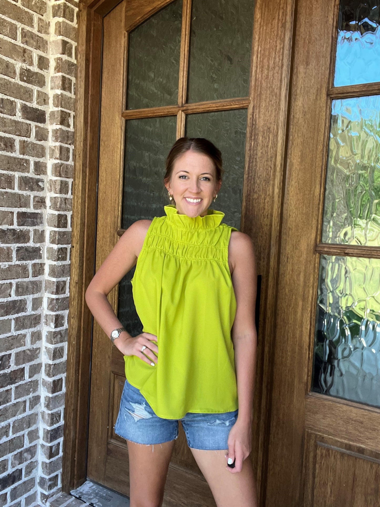Ruffle neck tank-lime