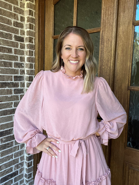 Long sleeve ruffled dress- light pink