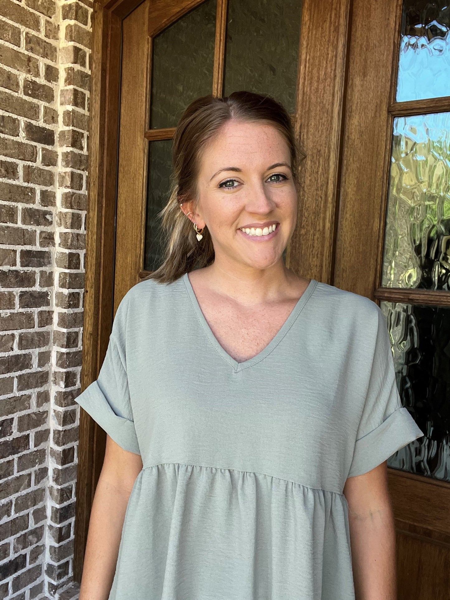 v-neck babydoll top- sage