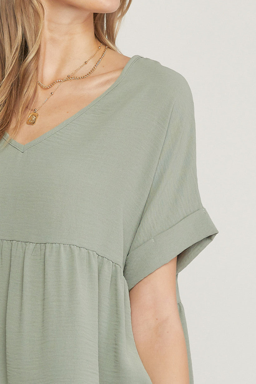 v-neck babydoll top- sage