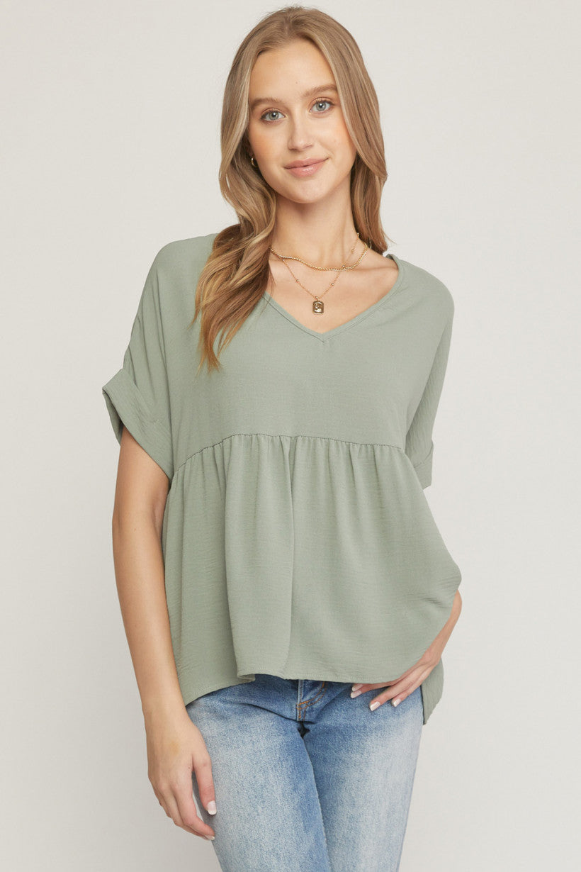 v-neck babydoll top- sage
