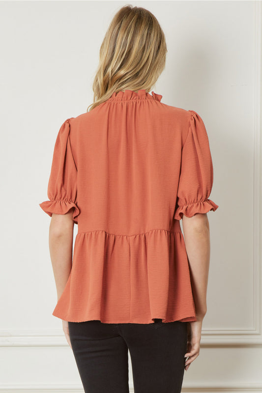 Short sleeve top with ruffles- burnt orange