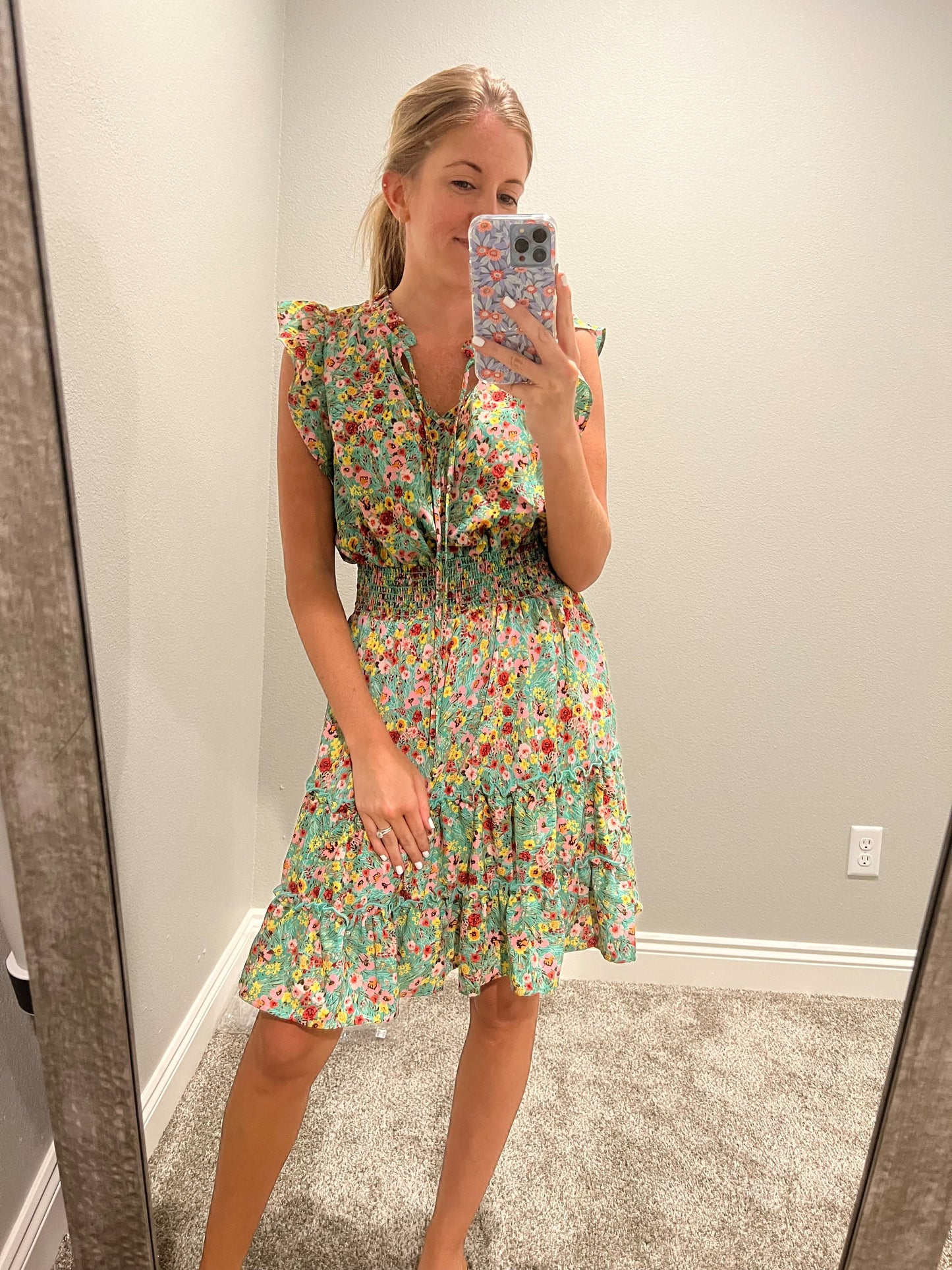 Tiered layered floral dress- kelly green