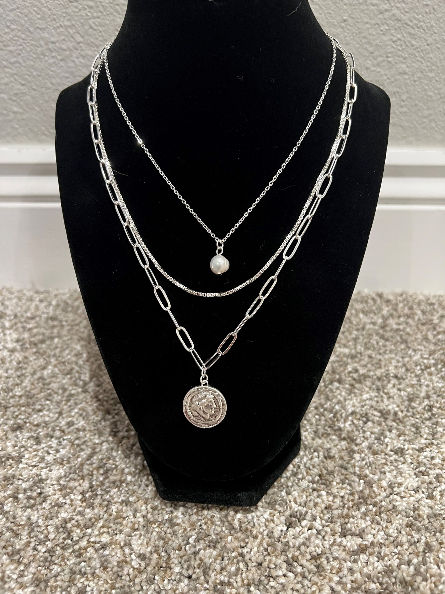 Coin and pearl charm necklace- silver
