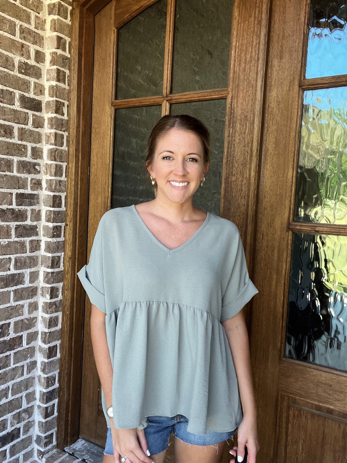v-neck babydoll top- sage