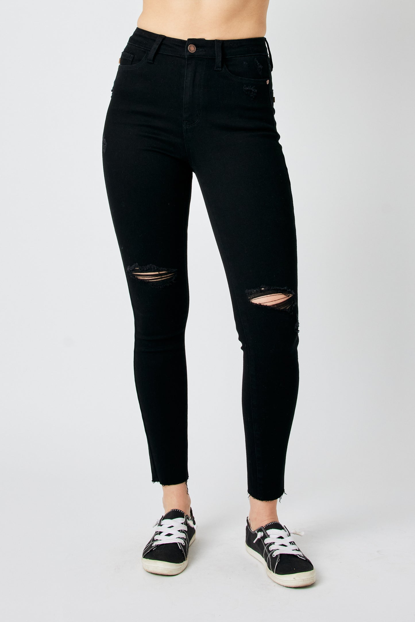Judy Blue Black Destroyed Knee Raw Hem Jeans