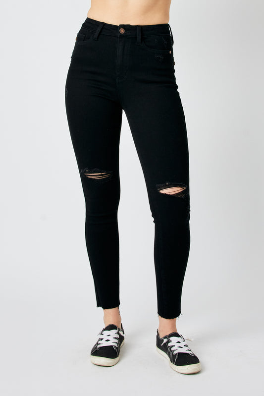 Judy Blue Black Destroyed Knee Raw Hem Jeans