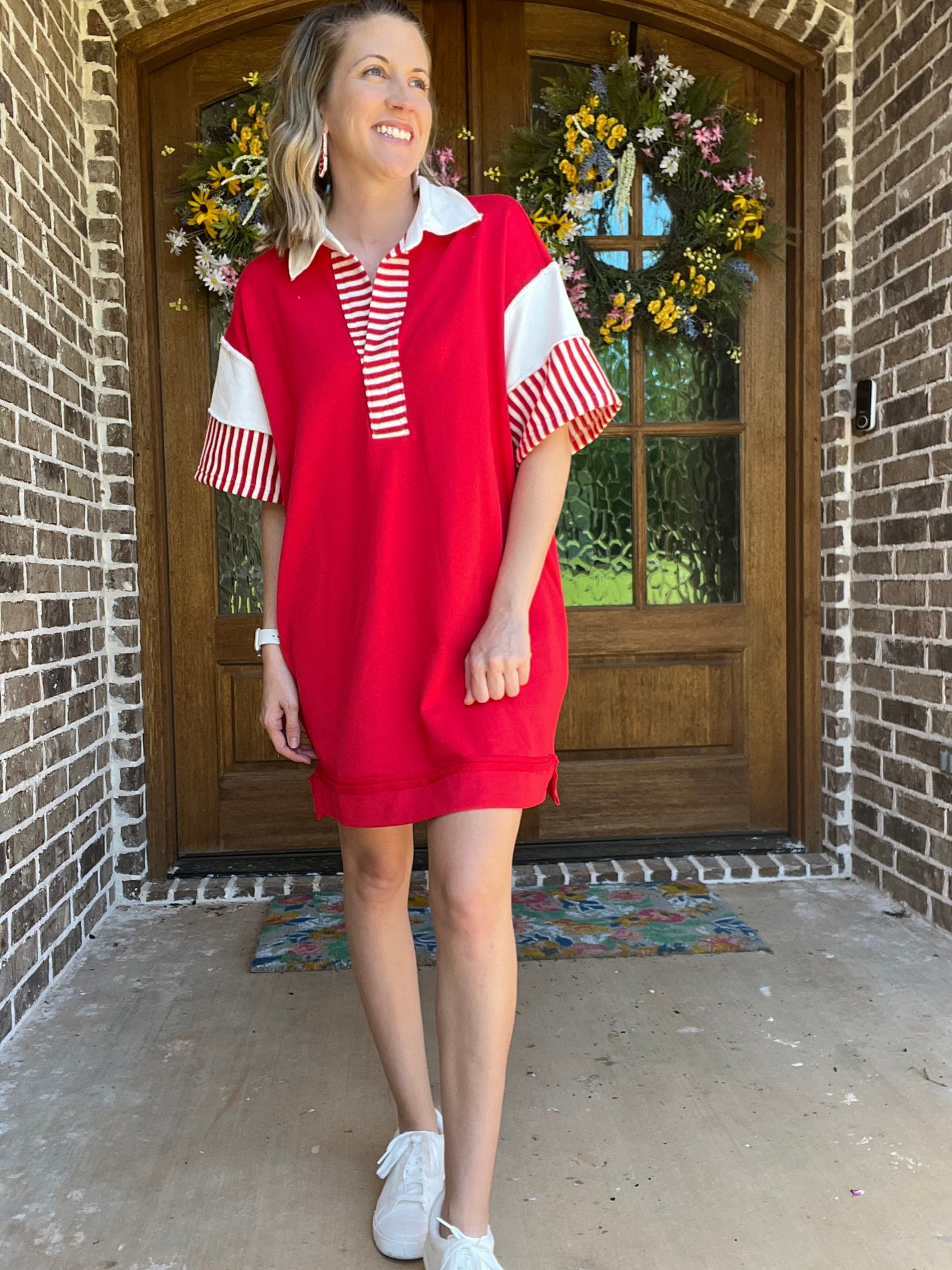 Rita collared stripe dress -red