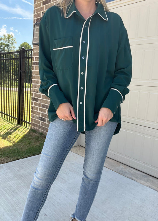 Solid button down with trim detail- hunter green