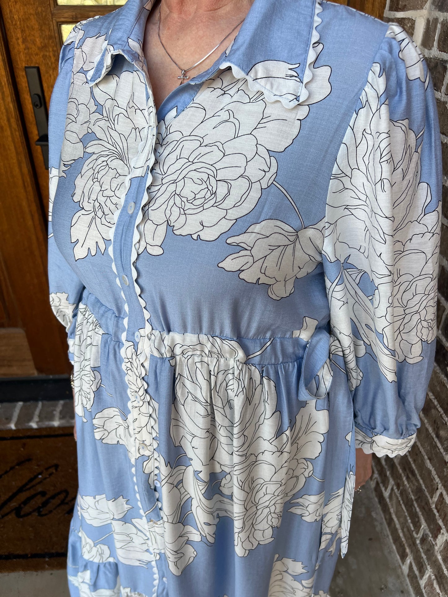 Floral Button Up Midi Dress with Scallop Trim - Blue