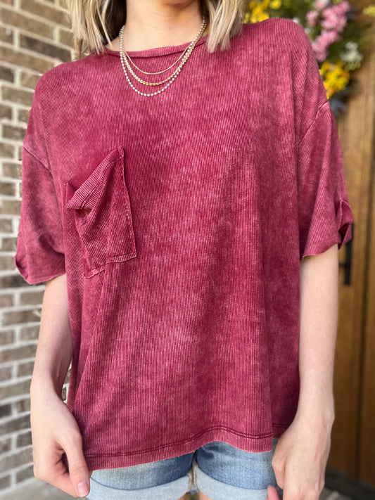 Washed Ribbed Cuffed Short Sleeve Top- wine