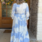 Floral Button Up Midi Dress with Scallop Trim - Blue
