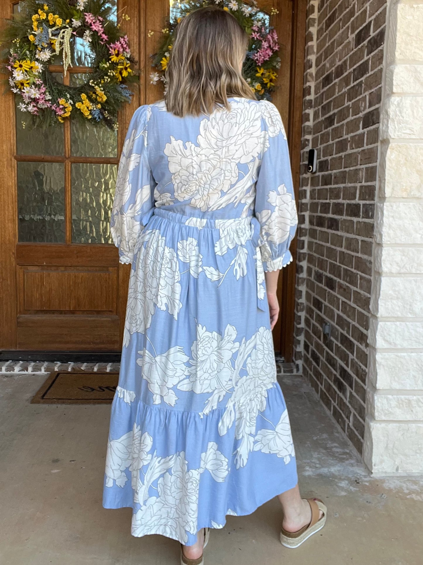 Floral Button Up Midi Dress with Scallop Trim - Blue