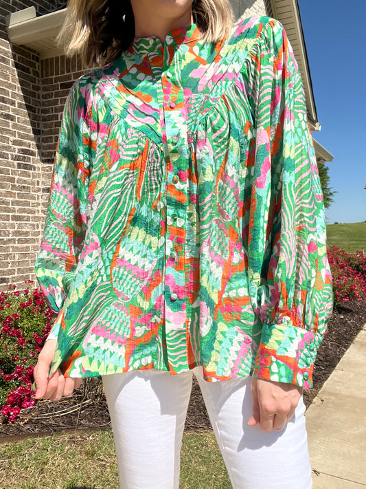 Charlotte print top- pink/green