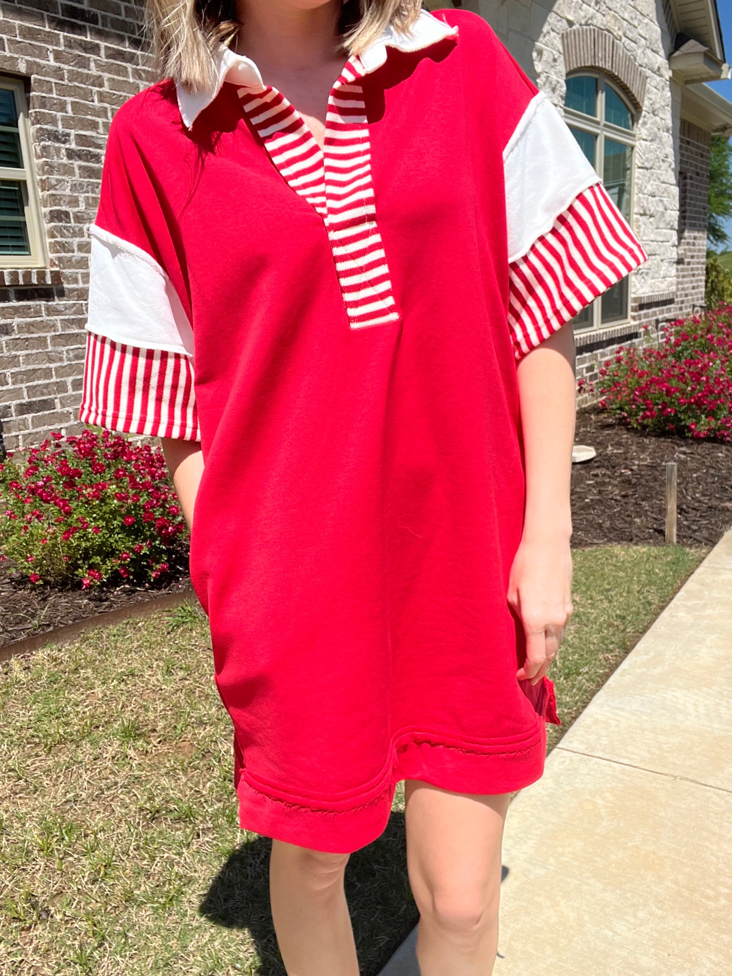 Rita collared stripe dress -red