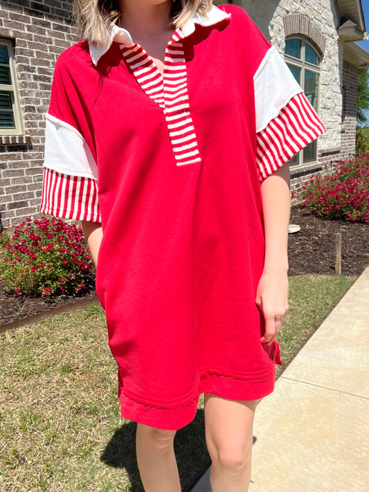 Rita collared stripe dress -red