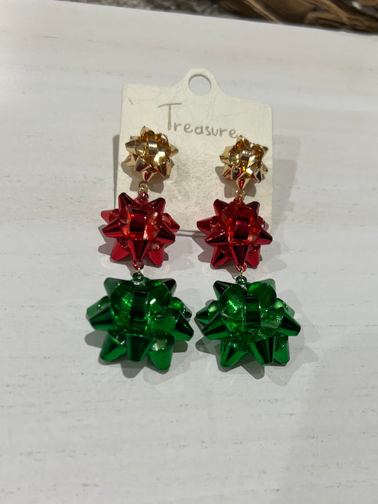 Christmas bow earrings- 3 row